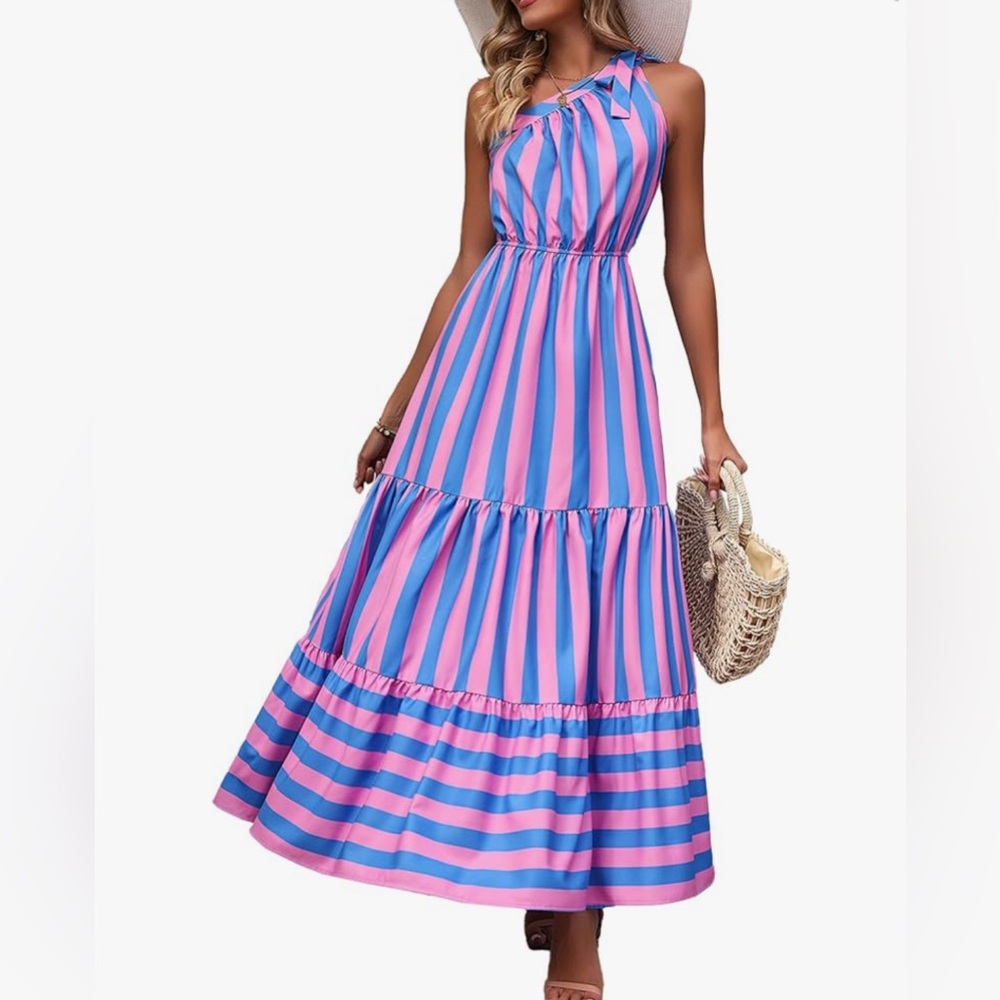 One Shoulder Blue and Pink Dress